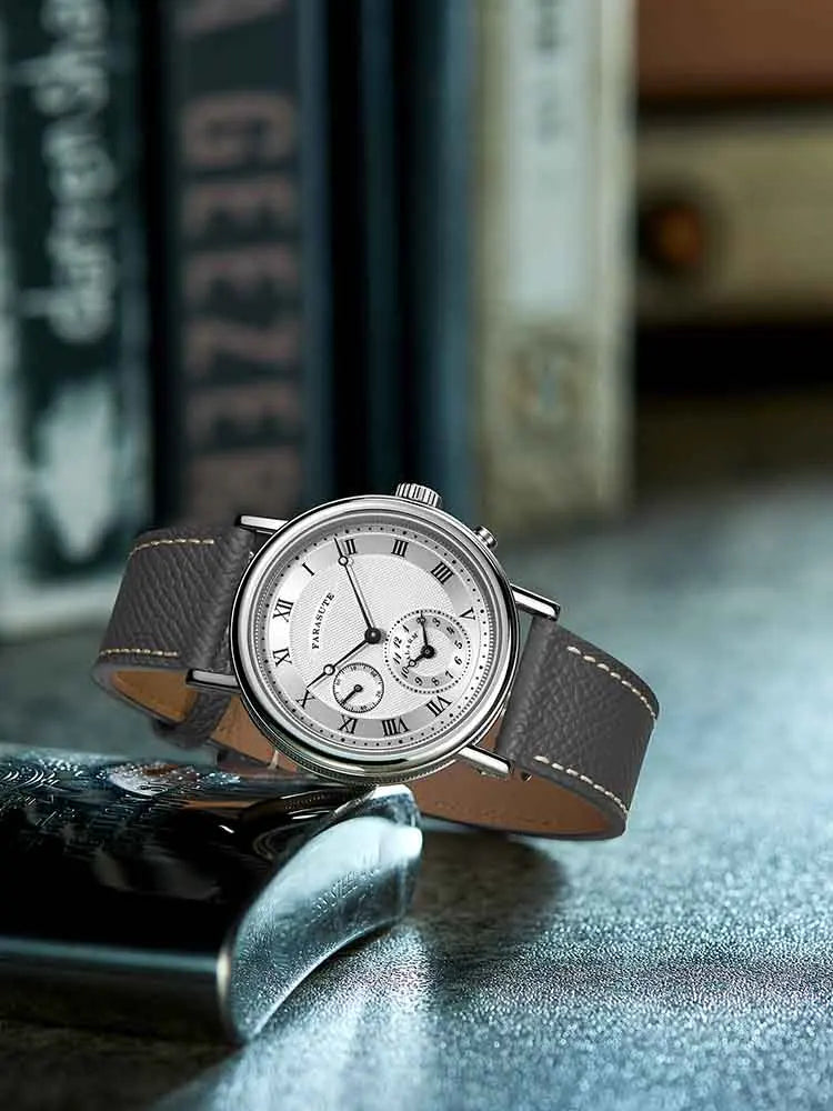 Farasute N-007A luxury automatic watch displayed on a table with vintage books in the background.