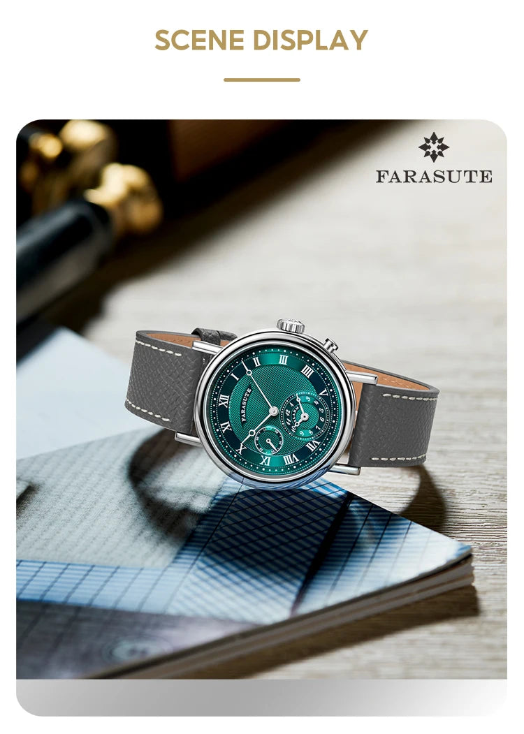 Farasute N-007A luxury automatic watch displayed on a table, featuring a green dial and grey strap.