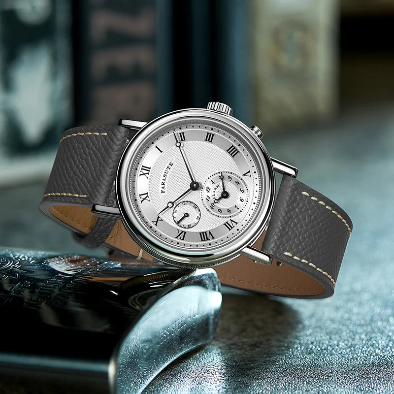 Farasute N-007A luxury automatic watch with leather strap and classic design on a stylish surface.